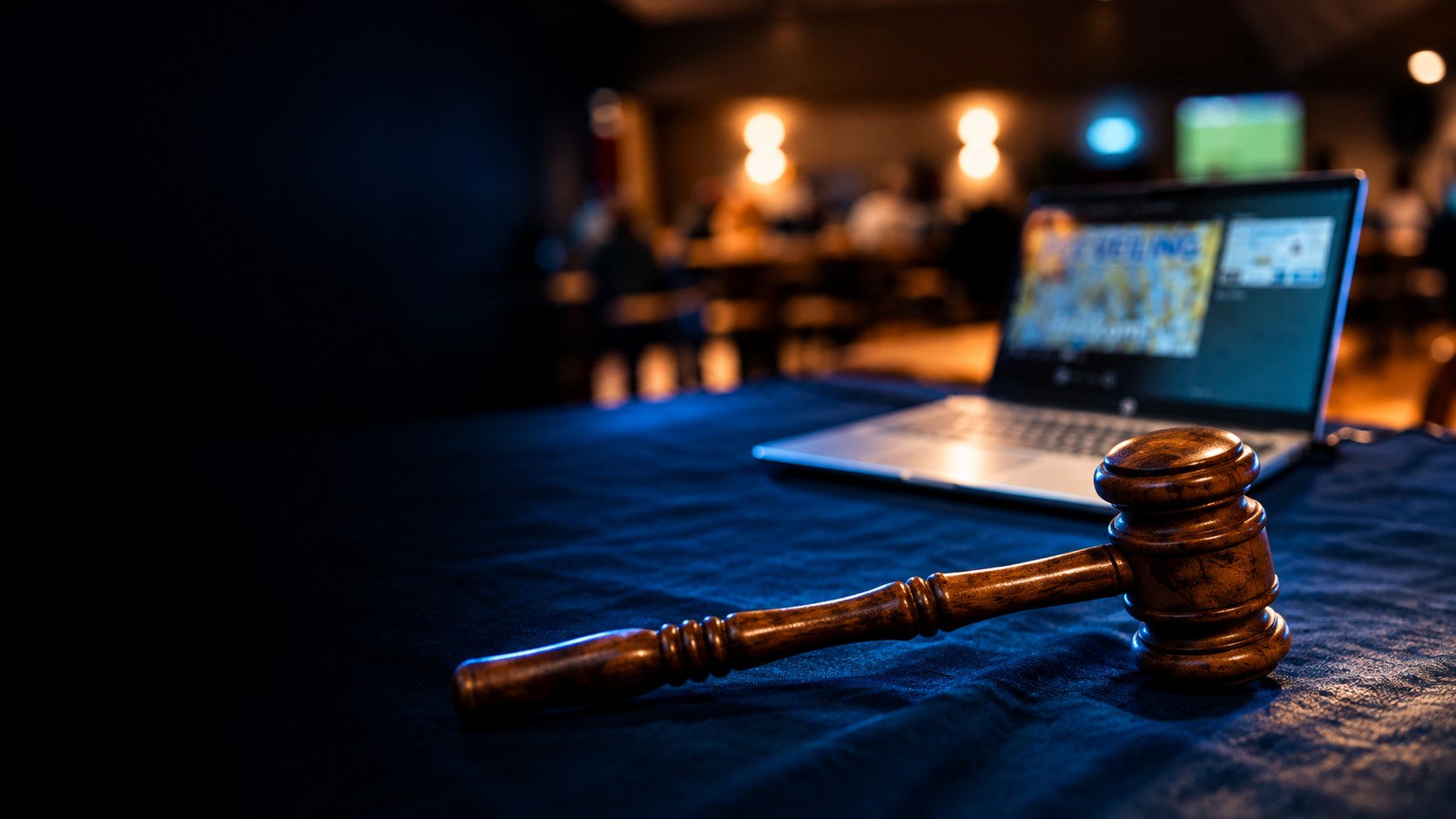 Veilinghamer naast een laptop